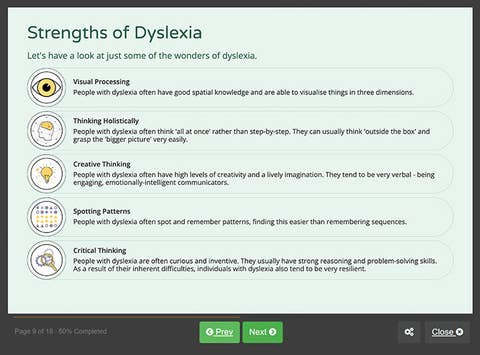 Course screenshot showing strengths of dyslexia