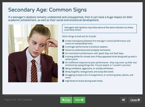 Course screenshot showing secondary age: common signs