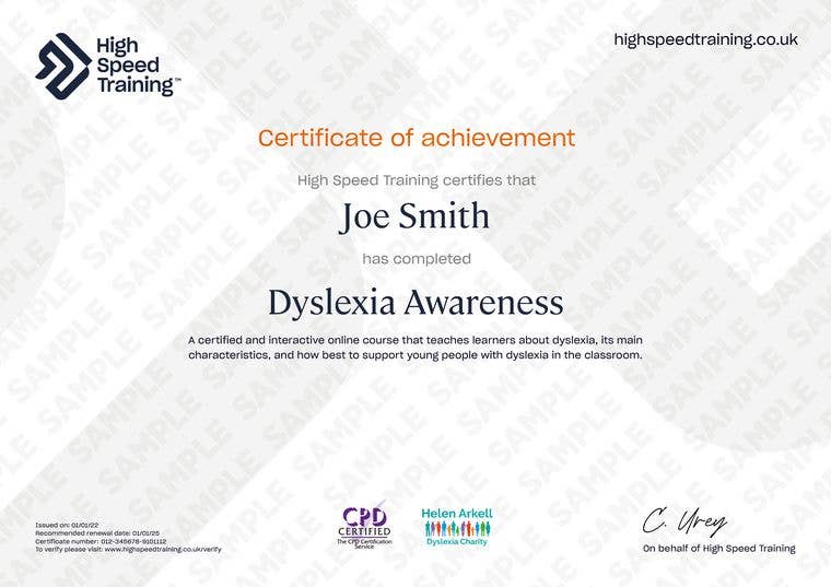 Sample Dyslexia Awareness Certificate