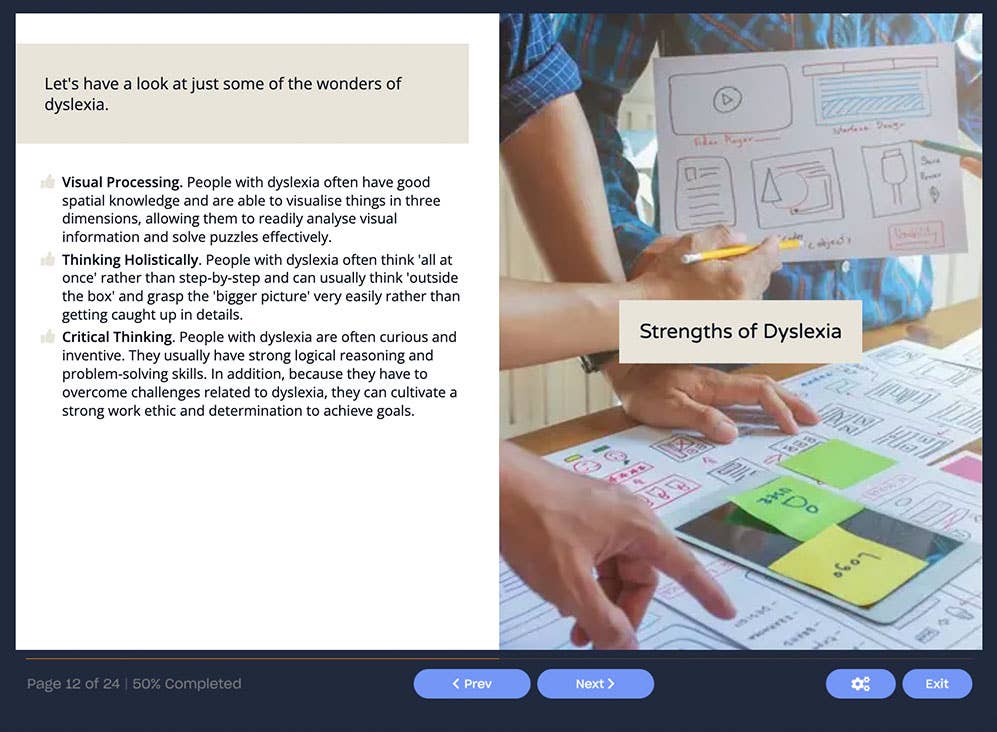 Course screenshot showing strengths of dyslexia