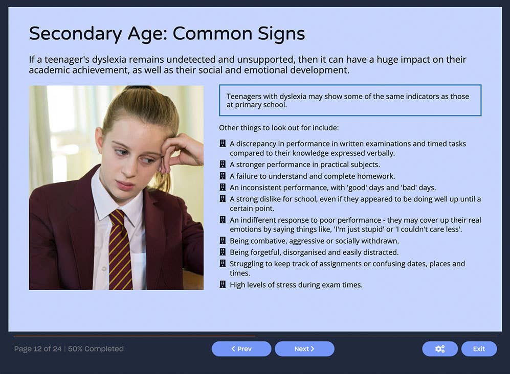 Course screenshot showing secondary age: common signs
