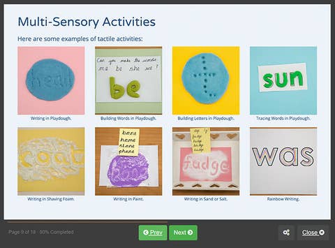 Course screenshot showing an activity for multi-sensory activities