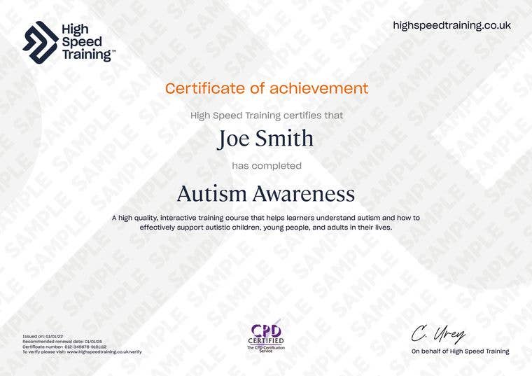Sample Autism Awareness certificate