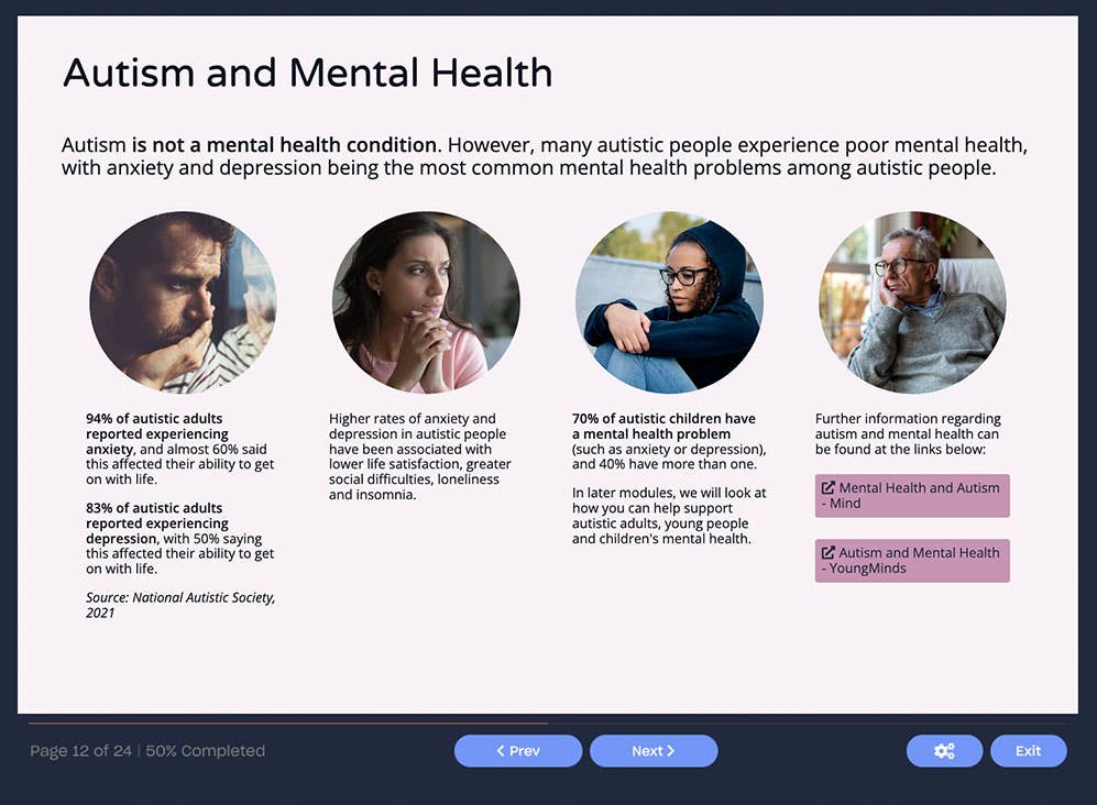 Course screenshot showing autism and mental health