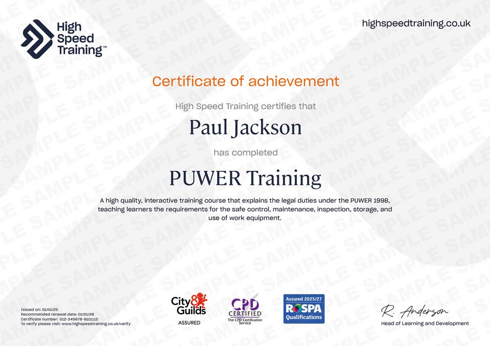 Sample PUWER Training certificate
