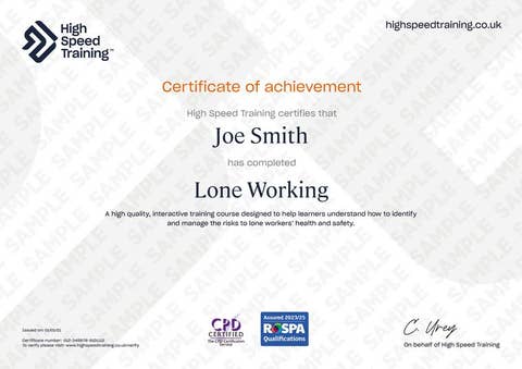 Lone Working Training - Example Certificate
