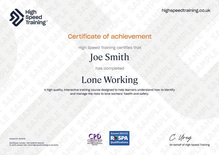 Lone Working Training - Example Certificate