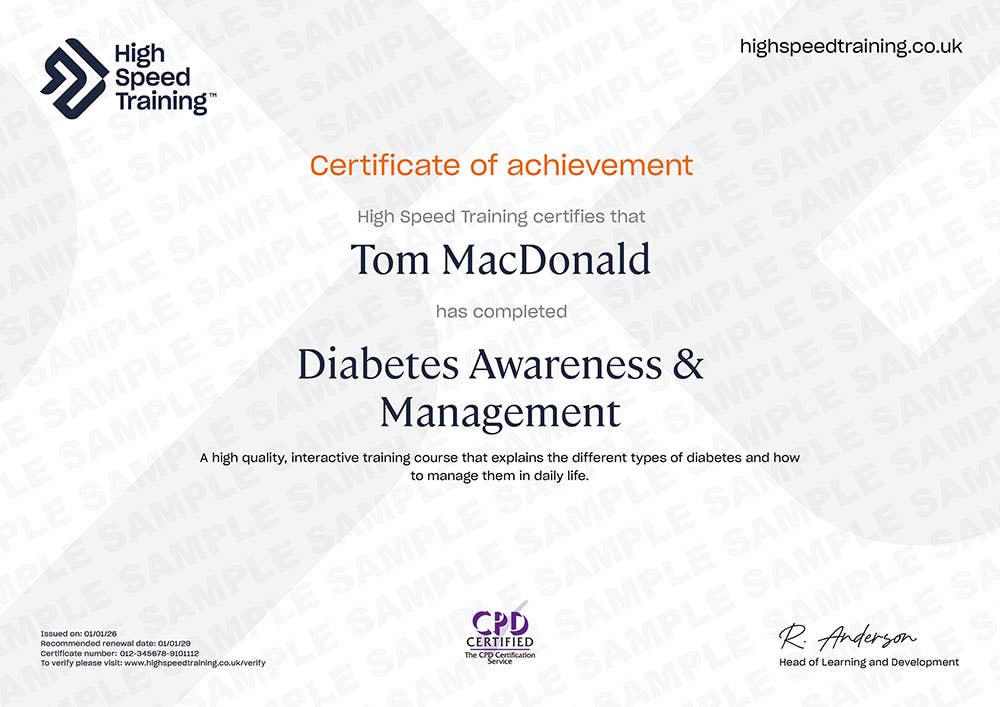 Example Certificate for the Diabetes Awareness Course