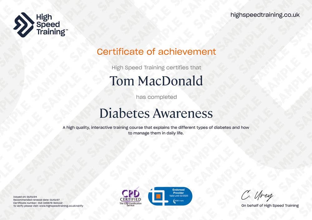 Example Certificate for the Diabetes Awareness Course