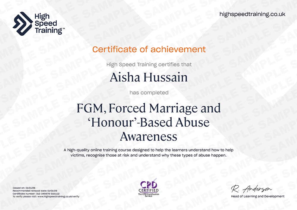 Sample FGM, Forced Marriage and So-Called Honour-Based Abuse Awareness Certificate