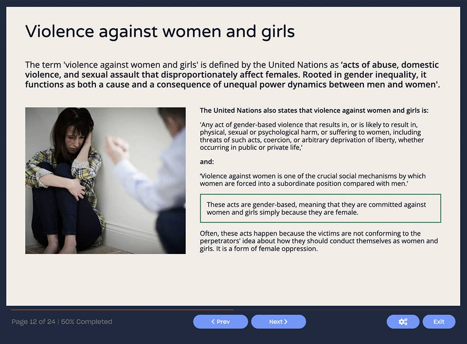 Course screenshot showing violence against women