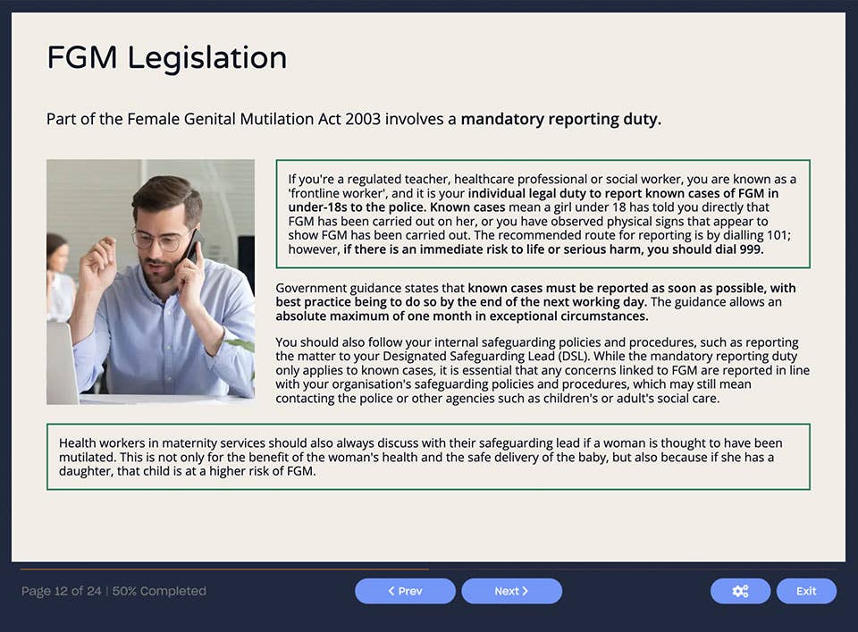 Course screenshot showing FGM Legislation
