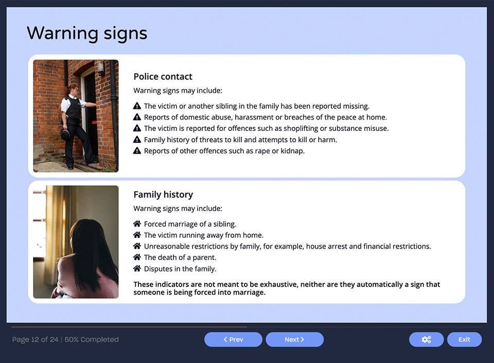 Course screenshot showing warning signs
