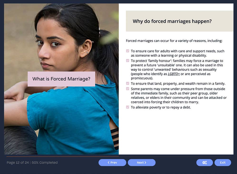 Course screenshot showing what is a forced marriage