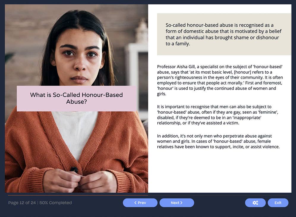 Course screenshot showing what is honour based violence