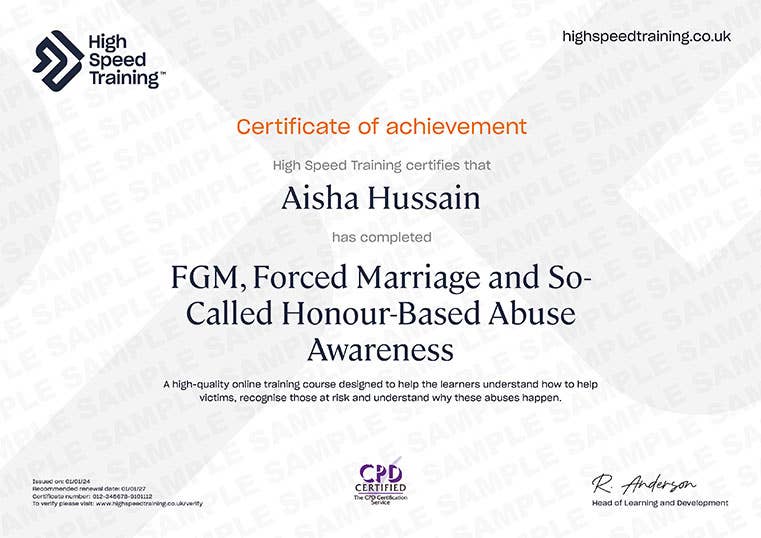 Sample FGM, Forced Marriage and So-Called Honour-Based Abuse Awareness Certificate