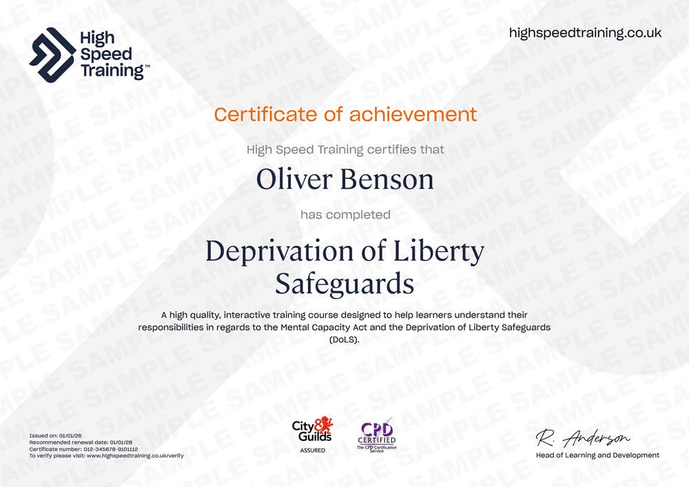 Example Certificate for the Deprivation of Liberty Safeguards Course