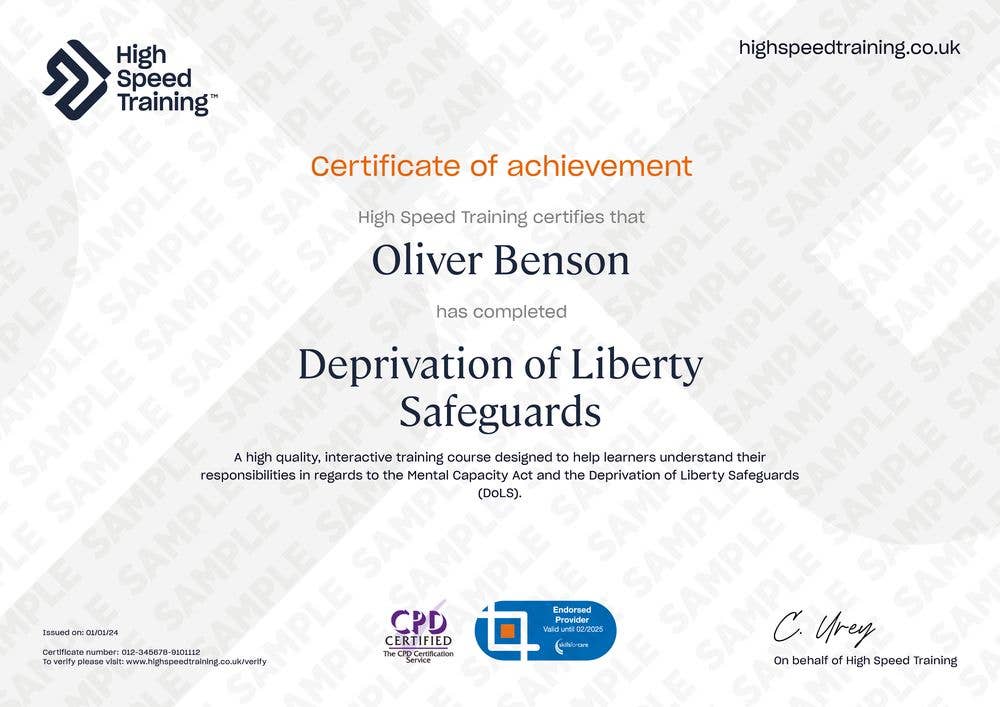 Example Certificate for the Deprivation of Liberty Safeguards Course