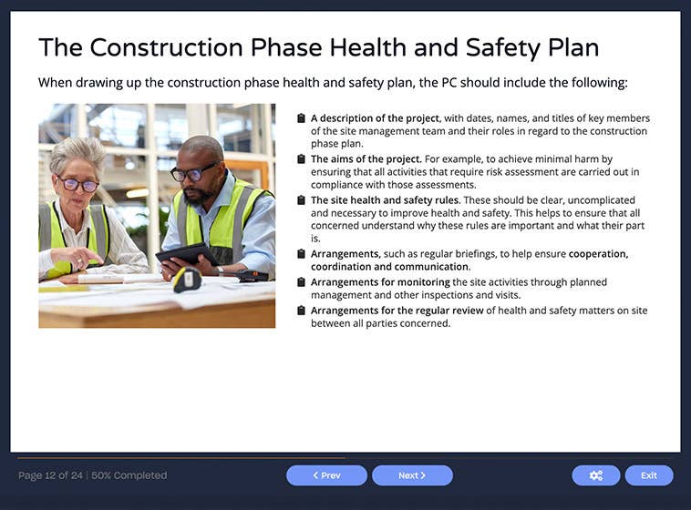 Course screenshot showing the construction phase health and safety plan