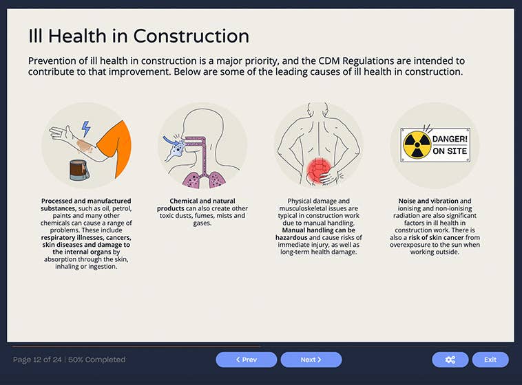 Course screenshot showing ill health in construction