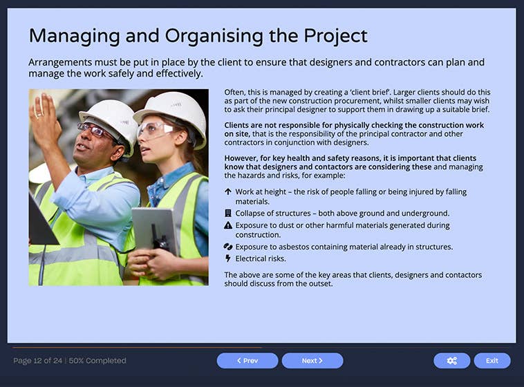 Course screenshot showing managing and organising a project