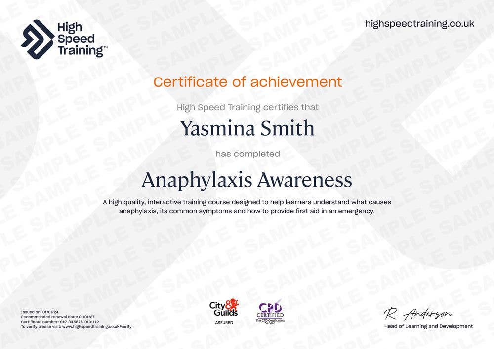 Anaphylaxis Awareness - Example Certificate
