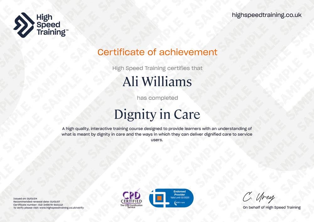 Example Certificate for Dignity in Care