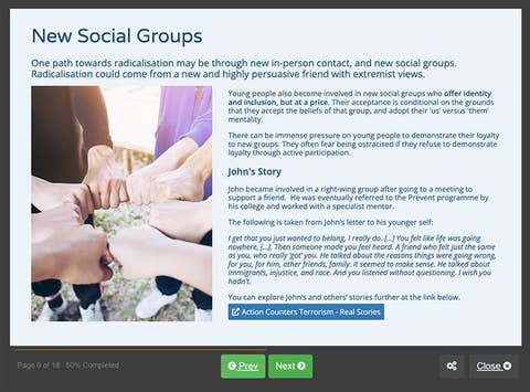 Course screenshot showing new social groups