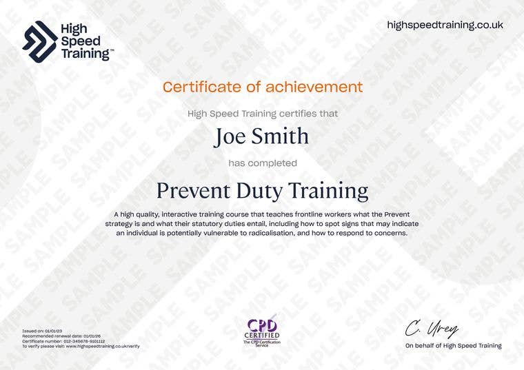 Sample Prevent Duty Training Certificate