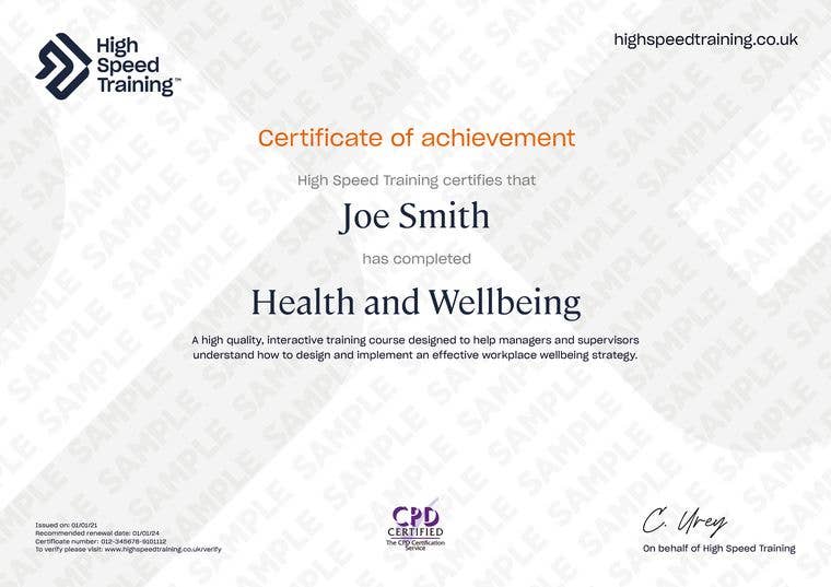 Health and Wellbeing - Example Certificate