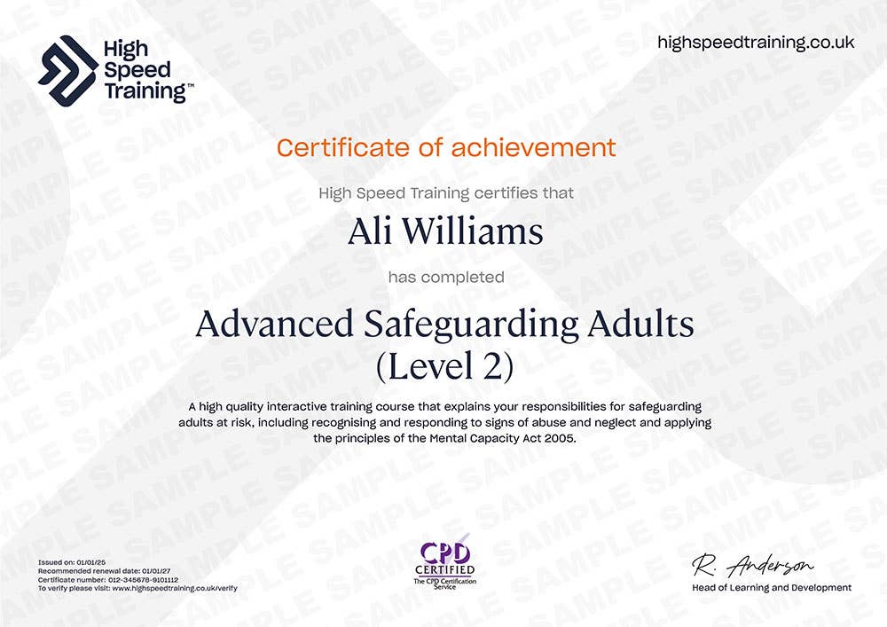 Sample Advanced Safeguarding Adults (Level 2) certificate