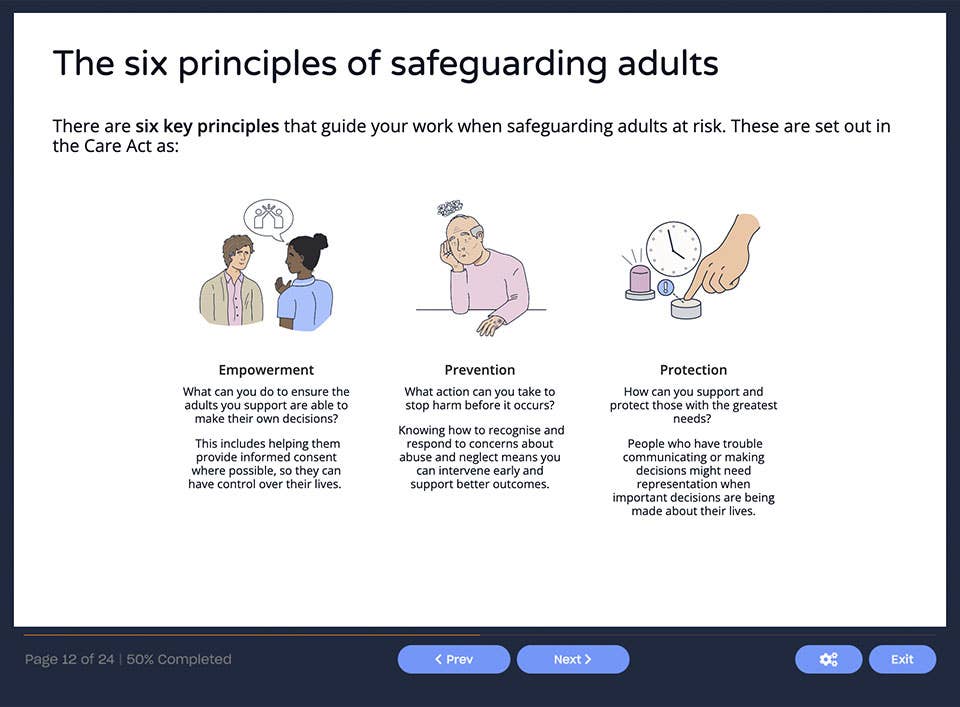 Course screenshot showing the six principles of safeguarding adults