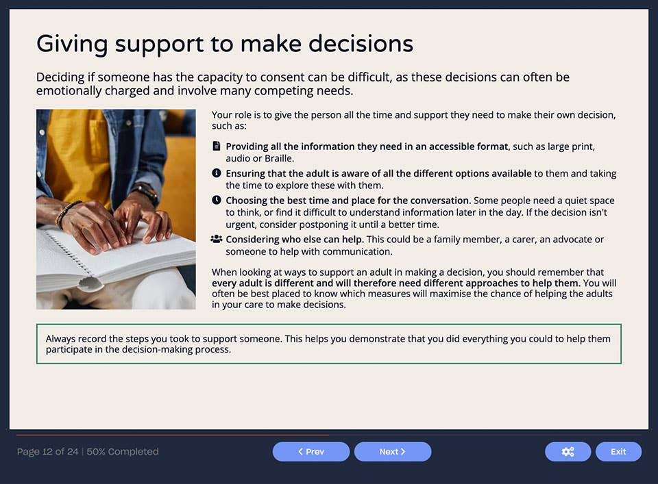 Course screenshot showing how to give support to make decisions