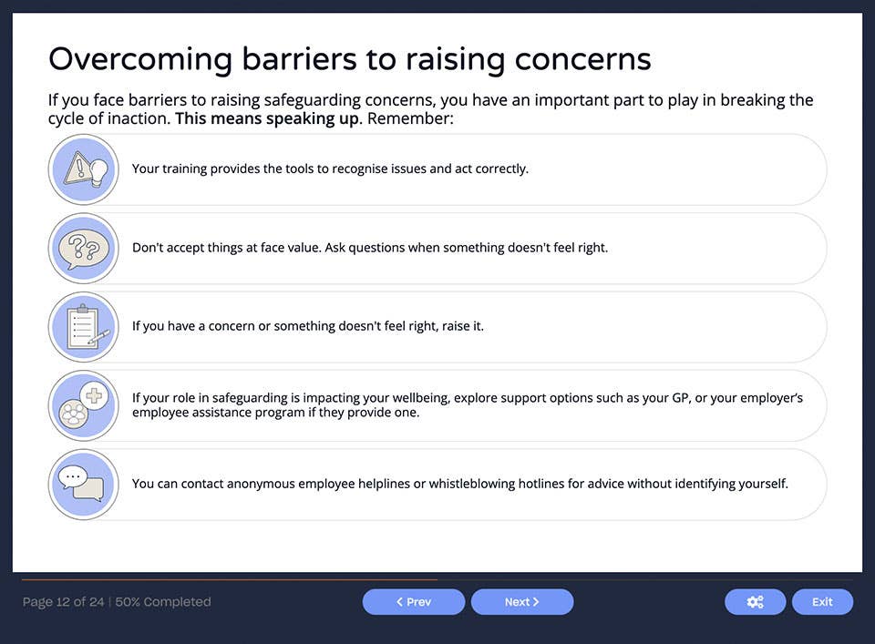 Course screenshot describing the process of overcoming barriers to raising concerns