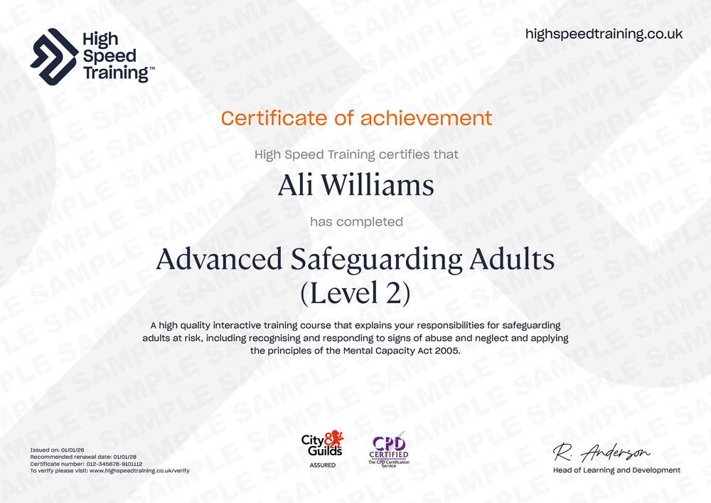 Sample Advanced Safeguarding Adults (Level 2) certificate