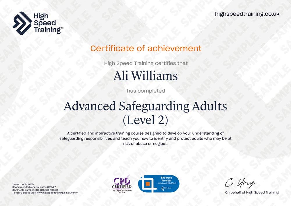 Sample certificate for Advanced Safeguarding Adults (Level 2)