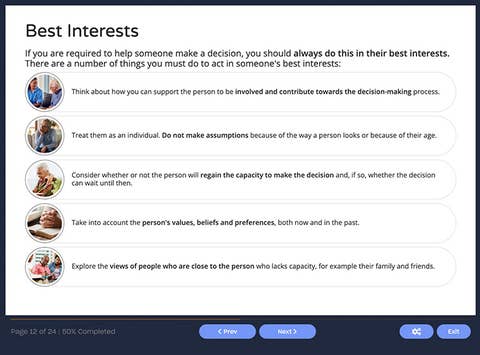 Course screenshot showing best interests