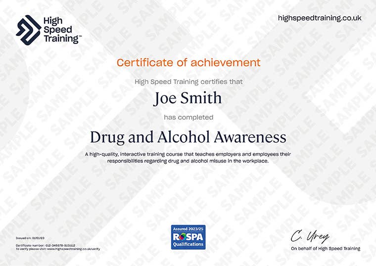 Sample Drug and Alcohol Awareness certificate