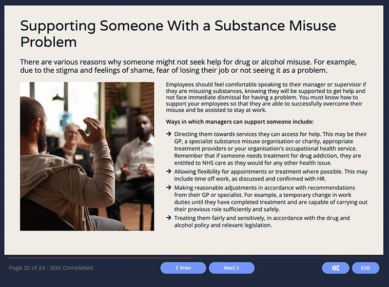 Course screenshot about supporting someone with a substance misuse problem