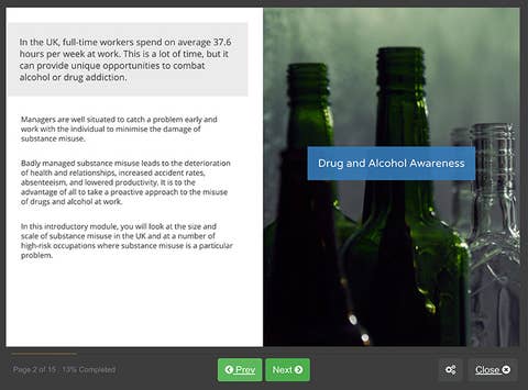 Course screenshot showing drug and alcohol awareness