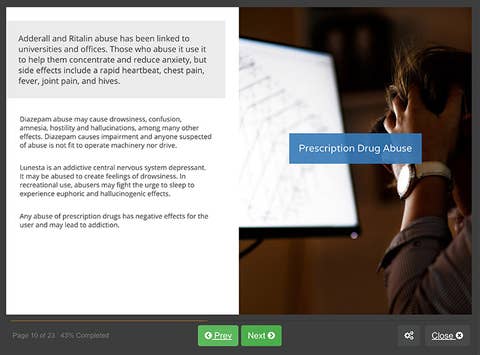 Course screenshot showing prescription drug abuse