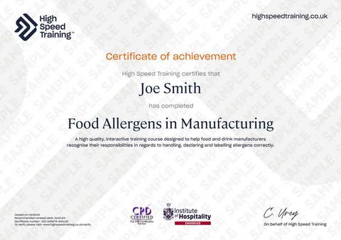 Sample Food Allergens In Manufacturing Certificate