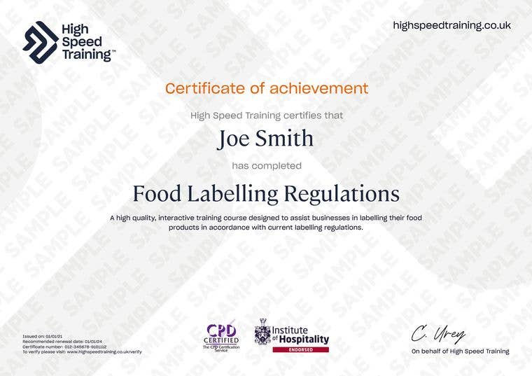 Sample Food Labelling Regulations Certificate