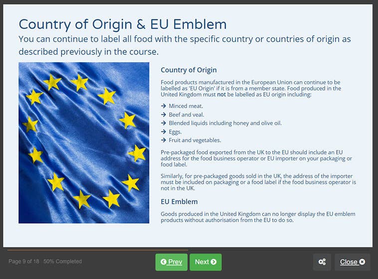Course screenshot showing country of origin & EU emblem
