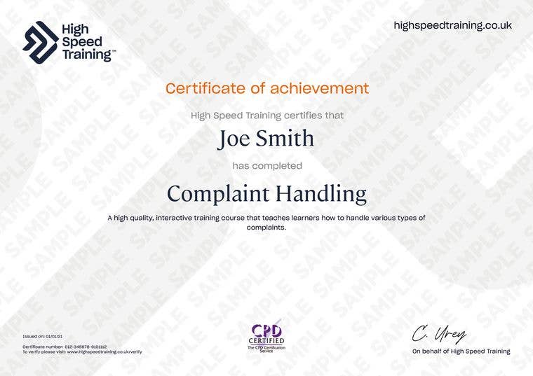 Sample Complaint Handling Certificate