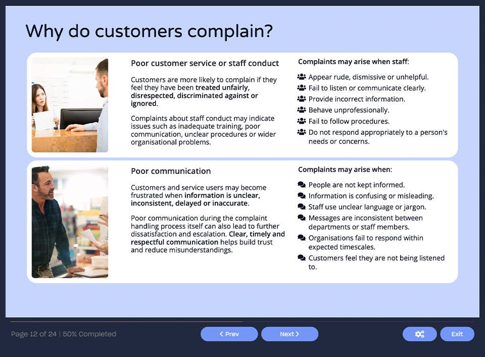 Course screenshot why do customers complain