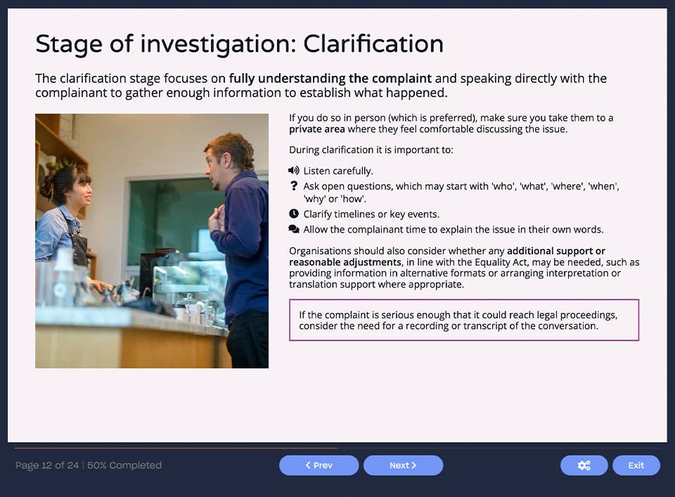 Course screenshot stages of investigation: clarification