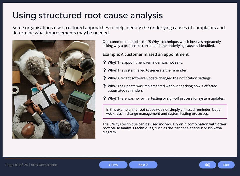 Course screenshot using structured root cause analysis