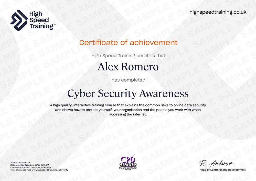 Sample Cyber Security Awareness certificate