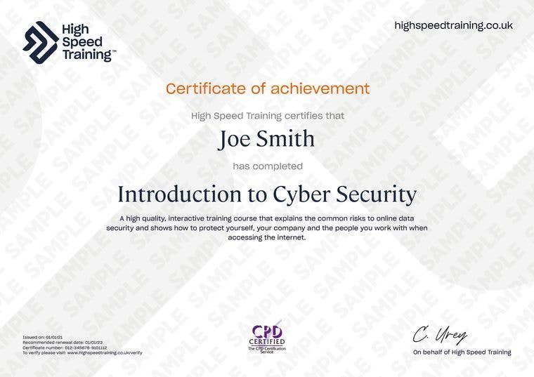 Sample Introduction to Cyber Security certificate